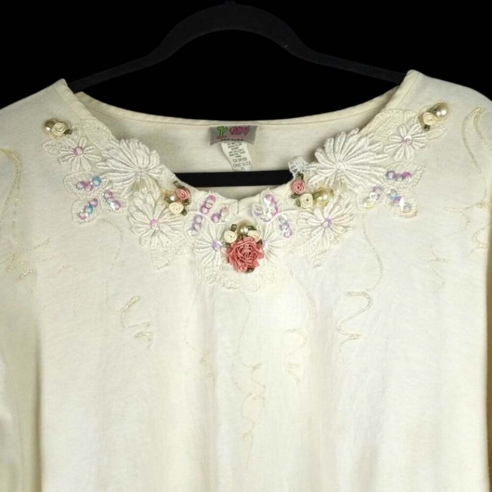 VINTAGE 90s Ecru Tee Embellished  Lace Pearls Ribbon Roses  XL Fairy Cottage Y2K